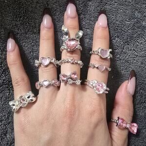 10x Goth Emo Punk Pink & Silver Fashion Rings [Adjustable]